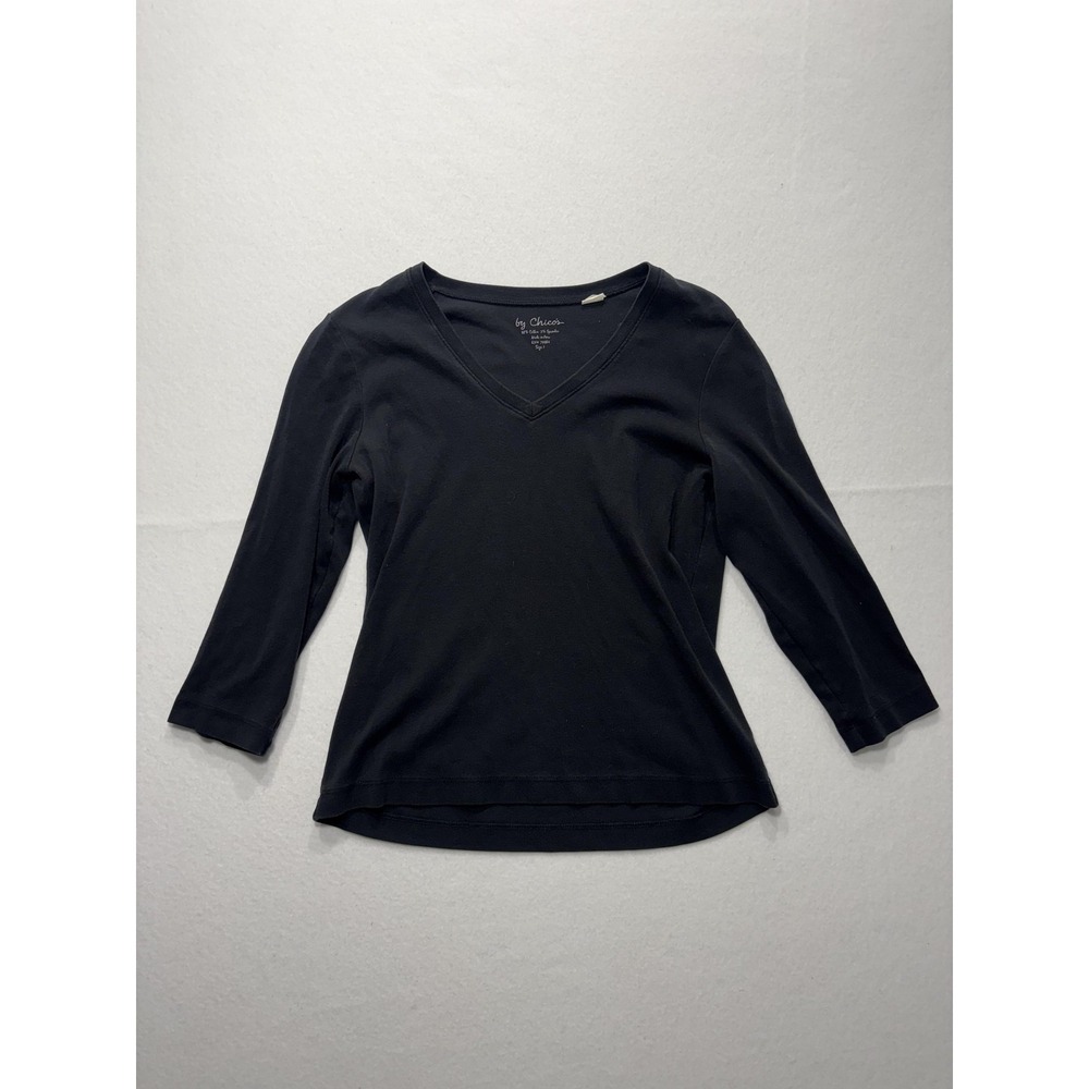 By Chico's Shirt Womens 1 Black V Neck 3/4 Sleeve Stretch Jersey Cotton